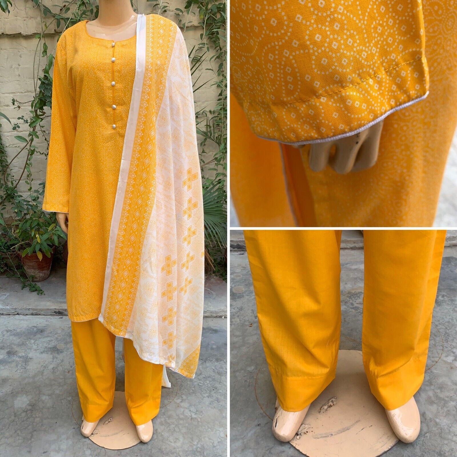 Pakistani Yellow Chunri Printed Straight Shirt 3-PCS Lawn Dress,X-Large - $52.47
