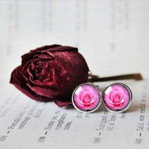Pink rose Earrings, Pink rose Stud Earrings, Rose Earrings, Pink Rose Dangle Ear - $11.99