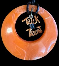 Halloween Black Rope Necklace w/ Orange Disk w/Trick or Treat Charm - £6.14 GBP