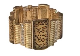 Goldtone Zebra Leopard Animal Print Rhinestone Stretch Bracelet Fashion Jewelry - £7.82 GBP