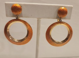 CROWN TRIFARI Clip Earrings Hippie Orange Enamel Brushed Gold Tone Dangle Hoop - £27.71 GBP