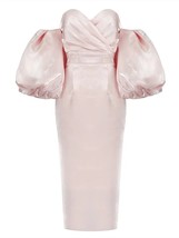  V-neck Strapless Puff Sleeve Satin Midi Dress Women Off the  Lantern Sleeve Kne - £101.75 GBP