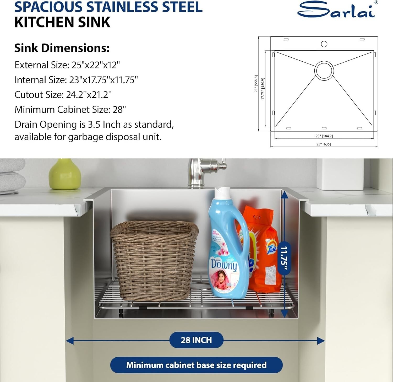 Sarlai 25 Inch Laundry Sink - 25x22x12 Drop In Stainless Steel Utility Sink Item image 4