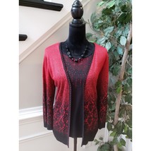 ALFRED DUNNER Cardigan Sweater Womens Large Black &amp; Red Long Sleeve Round Neck - £21.22 GBP