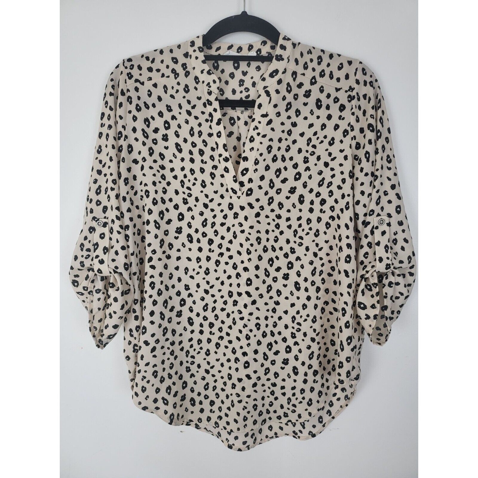 Primary image for Lush Blouse Small Womens 3/4 Roll Tab Sleeve Cream Black Animal Print V Neck