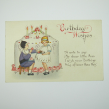 Postcard Birthday Greeting Antique Girl Feeds Boy Giant Cake &amp; Candles UNPOSTED - £7.98 GBP