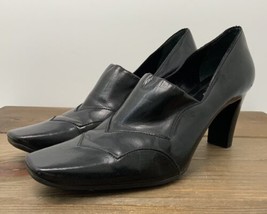 Franco Sarto Square Toe Pumps US 9.5 Black 2.5” Heels Detail Stitch Stylized - $24.70