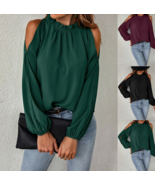 Ruffle Round Neck Long Sleeve Pleated Off-shoulder Top - £17.31 GBP