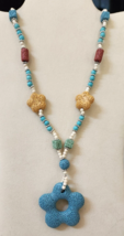 Reversible Multicolor Lava, White &amp; Blue Howlite Beaded Flower Necklace 28 In - £10.43 GBP