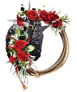 Artificial Floral Wreath With Red Roses &amp; Greenery On Black Textured Bas... - £92.56 GBP