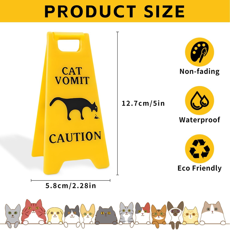 3-Pack Double-Sided Cat Vomit Caution Sign, 3D-Printed Yellow Mini Cat Vomit Sig Item image 3