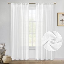 Set Of 2 Rod Pocket Top Drapes, 52 X 96 Inches Long Faux Linen White Sheer - £26.70 GBP
