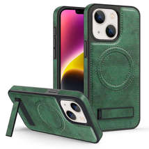 For iPhone 14 Plus Multi-function Holder MagSafe PU Phone Case(Dark Green) - £8.69 GBP