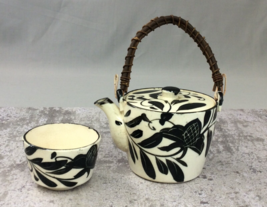 Vintage Ceramic Black &amp; White Teapot Cup Small Personal Pot Antique - £14.28 GBP