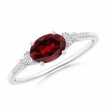 ANGARA 7x5mm Natural Garnet Solitaire Ring with Trio Diamond Accents in Silver - £266.27 GBP+