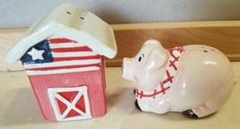 Pig and Red Barn Salt Pepper Shaker Set Country Farm USA Flag Decor ~ Damaged - £7.74 GBP
