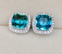 4 Ct Cushion Cut Lab Created Blue Topaz Halo Stud Earrings 14k White Gold Plated - £49.86 GBP