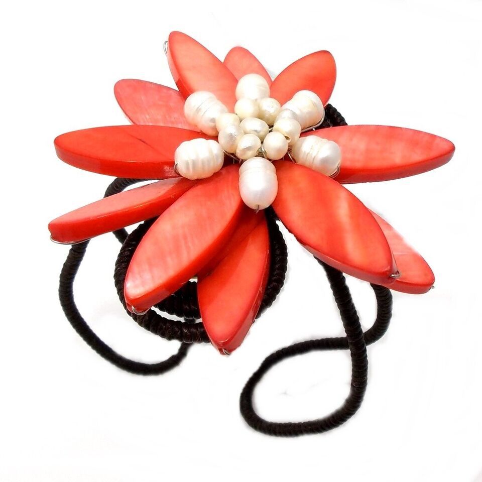 Stylish Red Shell Flower with Pearl Center Stone Cuff - £8.82 GBP