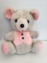 Vintage Bear or Mouse Plush Stuffed Animal Grey Pink Vest Blue Eyes Felt Buttons - £27.76 GBP