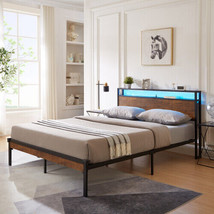 Full Size Metal Platform Bed Frame with Wooden Headboard and Footboard - £151.69 GBP