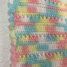 Crocheted Afghan Baby Blanket Pink Yellow Blue Green White Variegated Yarn 32&quot; - £31.15 GBP