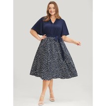 Bloomchic Womens Dress A Line Polka Dot Flutter Sleeve Belted Navy Blue 22-24 - £18.99 GBP