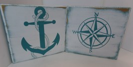 Nautical Wood Compass &amp; Anchor Pictures 11&quot; X 12&quot; Unbranded Teal &amp; White Rustic - £19.78 GBP