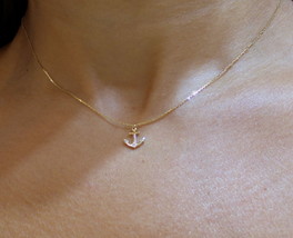 Anchor Necklace With Diamonds 14K Yellow Gold 0.02CT SI1 Clarity G Color - £209.57 GBP