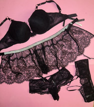 Victoria&#39;s Secret 32DDD Bra Set+Garter Skirt+Crotchless Panty Black Shine Strap - £101.98 GBP