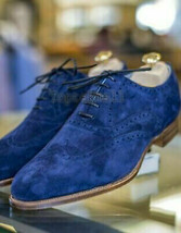 Handmade Men&#39;s Leather New Royal Blue Suede Wingtip Royal Blue Formal Sh... - $189.04
