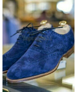 Handmade Men&#39;s Leather New Royal Blue Suede Wingtip Royal Blue Formal Sh... - £148.51 GBP