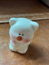 Small Pale Yellow Cute Kitty Cat Holding Pink Flowers Ceramic Figurine S... - $9.49