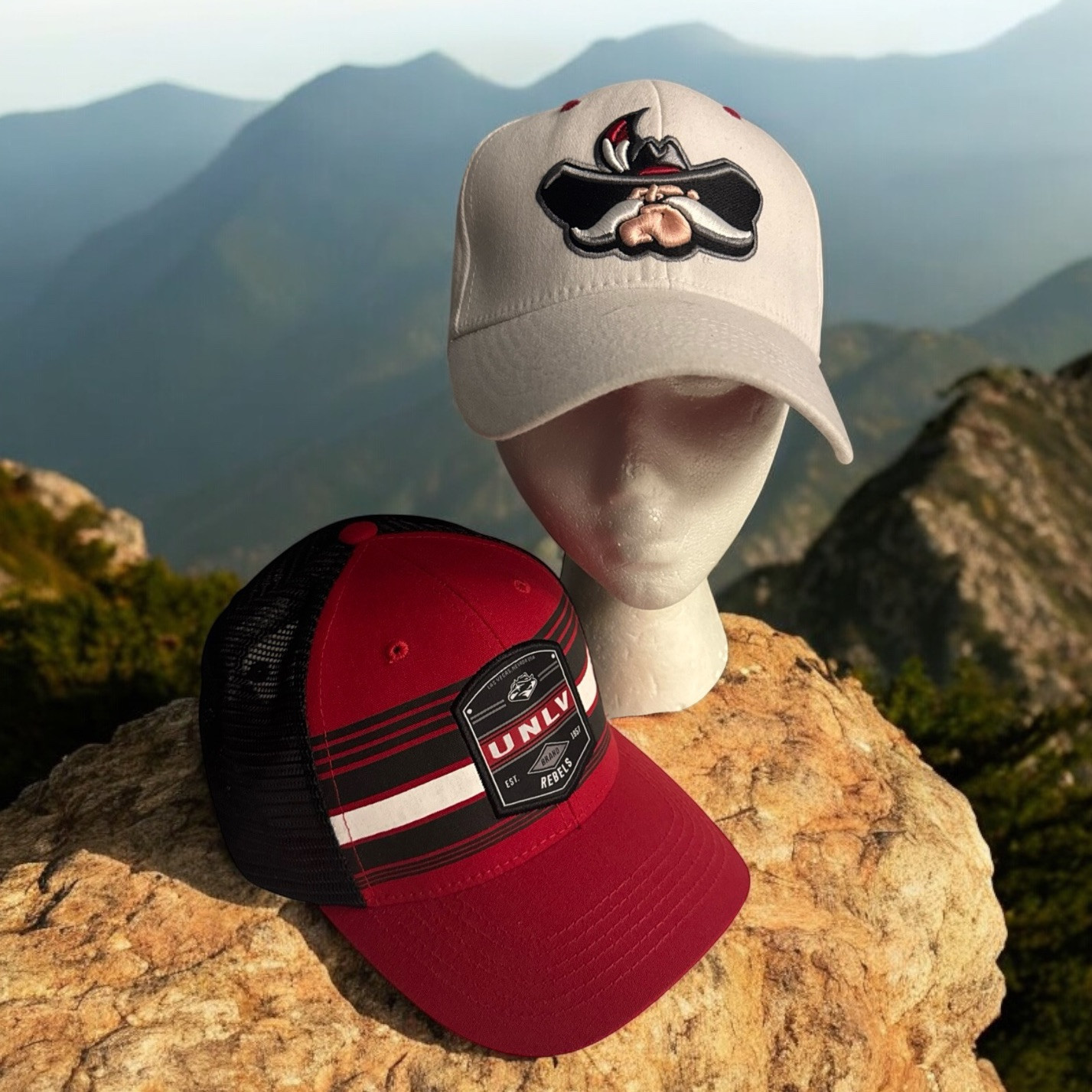 LOT OF 2 UNLV Rebels Baseball Caps Hats Red Black Trucker + White Embroi... - $28.21
