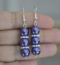 Handmade Purple glass pearl silver dangle Earring - £7.98 GBP