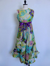 Vintage 60s 70s Mod Floral Maxi Organza Dress XS Hi Low Ruffle Hem Joan Leslie - £46.37 GBP