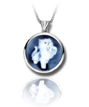 Sterling Silver &amp; Blue Agate Kitten Cameo Funeral Cremation Urn Pendant w/Chain - £405.75 GBP