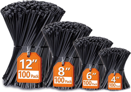 Zip Ties Assorted Sizes(4”+6”+8”+12”), 400 Pack, Black Cable Ties, UV Re... - $10.67
