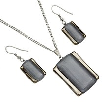Gray Jewelry Set Handmade Necklace and Earrings Czech Glass with Platinum - £55.28 GBP