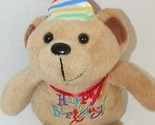 Tan Plush teddy bear Happy birthday embroidered striped hat feet red bow - $10.39