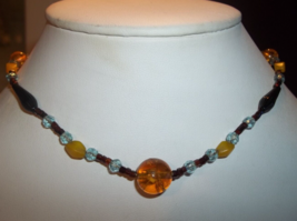 Pretty Glass Beaded Choker Necklace Rich Fall Colors Amber Yellow Onyx Burgundy - $9.89