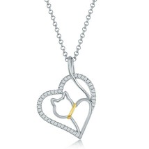 Sterling Silver Clear CZ Open Heart with Center Female Cat Pendant Necklace - £23.13 GBP