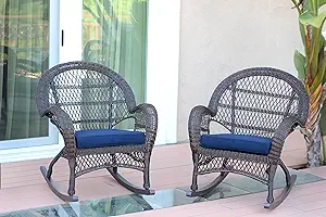 Wicker Rocker Chair With Blue Cushion, Set Of 2, Espresso - $594.99