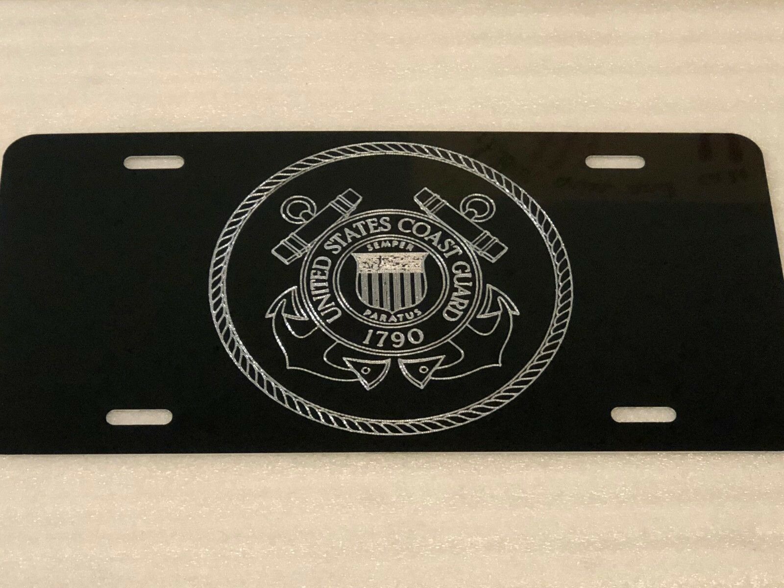 US Coast Guard A1 Logo Car Tag Diamond Etched on Black Aluminum License Plate
