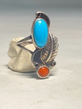 Turquoise Ring Coral long Navajo sterling silver girls women size 5.75 - £45.22 GBP