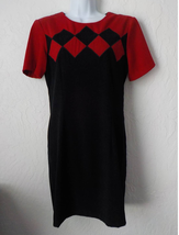VTG Scarlett Black Red Velour Sheath Dress Short Sleeves Women 7/8 Zip Up Square - £12.78 GBP