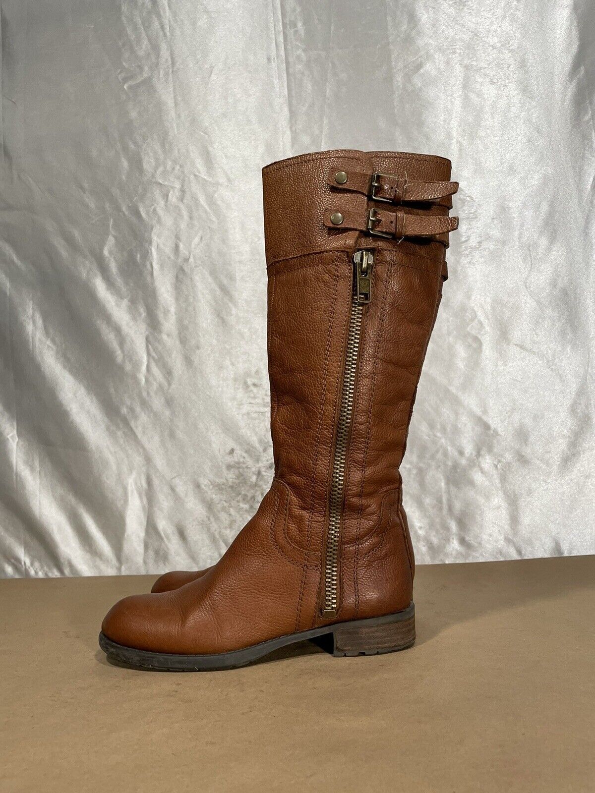 Primary image for Franco Sarto Poet Brown Leather Knee High Riding Boots Zip Buckle 6.5 M