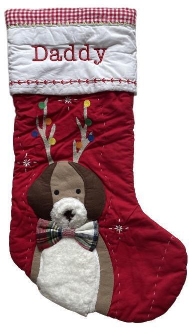 Primary image for Pottery Barn Kids Quilted Dog w/ Antlers Christmas Stocking Monogrammed DADDY