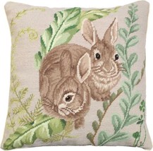 Throw Pillow Needlepoint Rabbits With Fern 18x18 Green Chocolate Brown Cotton - £239.00 GBP