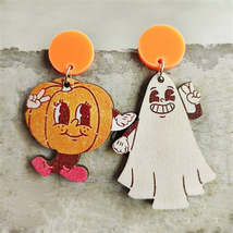 White &amp; Orange Wood Pumpkin Ghost Mismatch Drop Earrings - £11.18 GBP