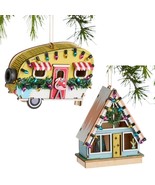 Mid Century A-Frame House &amp; Trailer Christmas Laser Cut Wood 2 Ornaments... - $41.46